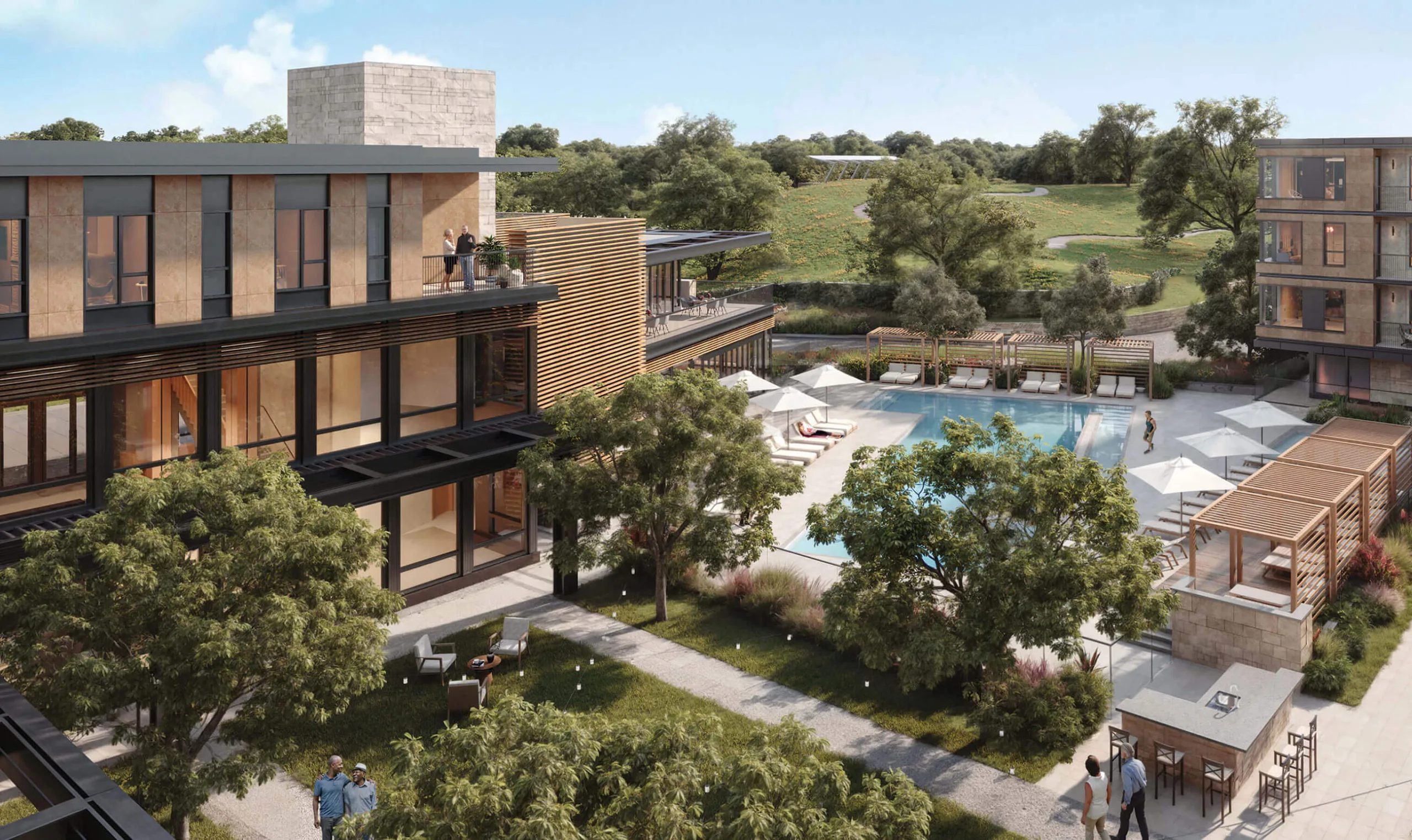 Rendering of outdoor pool and apartment buildings